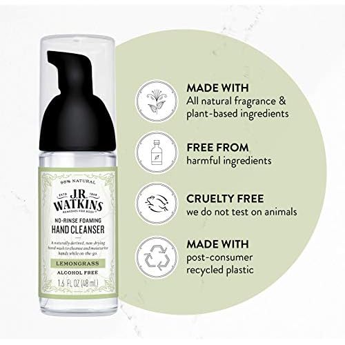 J.R. Watkins No-Rinse Foaming Hand Cleanser ? Hand Soap in Pump Dispenser ? Bathroom & Kitchen Foam Cleaner ? All Natural, Alcohol Free, Lemongrass, 1.6 fl. Oz., 6 Pack