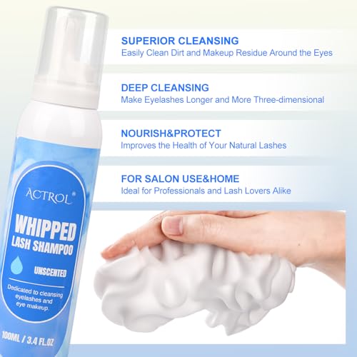 Whipped Lash Shampoo Kit 100ml Lash Cleanser Set with Bursh Unscented Eyelash Cream Cleaning Eyelid Foaming Salon and Home Eye Care