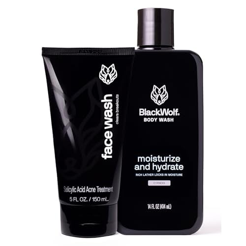 Black Wolf Moisturizing Body Wash & Charcoal Face Wash Set for Men - Daily Grooming & Hygiene Essentials for Mens Skin Care