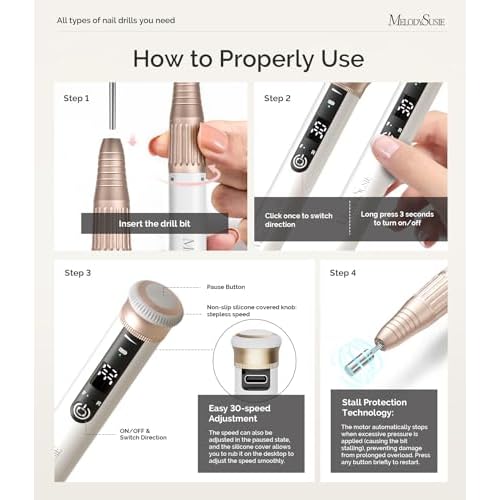 MelodySusie Pen-Shaped Stepless Speed Adjustment Cordless Nail Drill, SM220G 30000RPM Portable Rechargeable E-File with Rotary Lock for All Manicure Shaping & Acrylic Gel Removal for Pros at Home