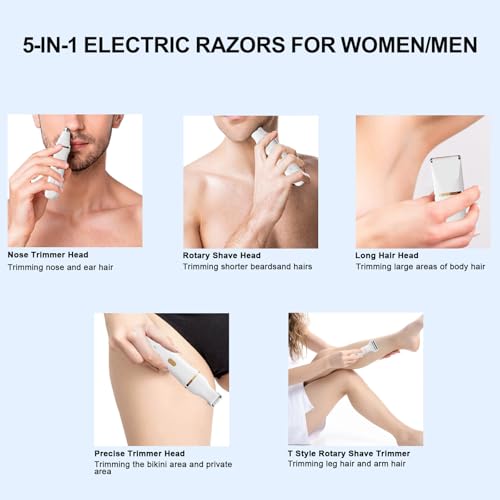 ele ELEOPTION Electric Razors for Women 5-in-1 Waterproof Wet Dry Electric Shaver with USB Charge Dock, Legs Hair Remover, Body Shaver for Beard Bikini Trimmer for Women White