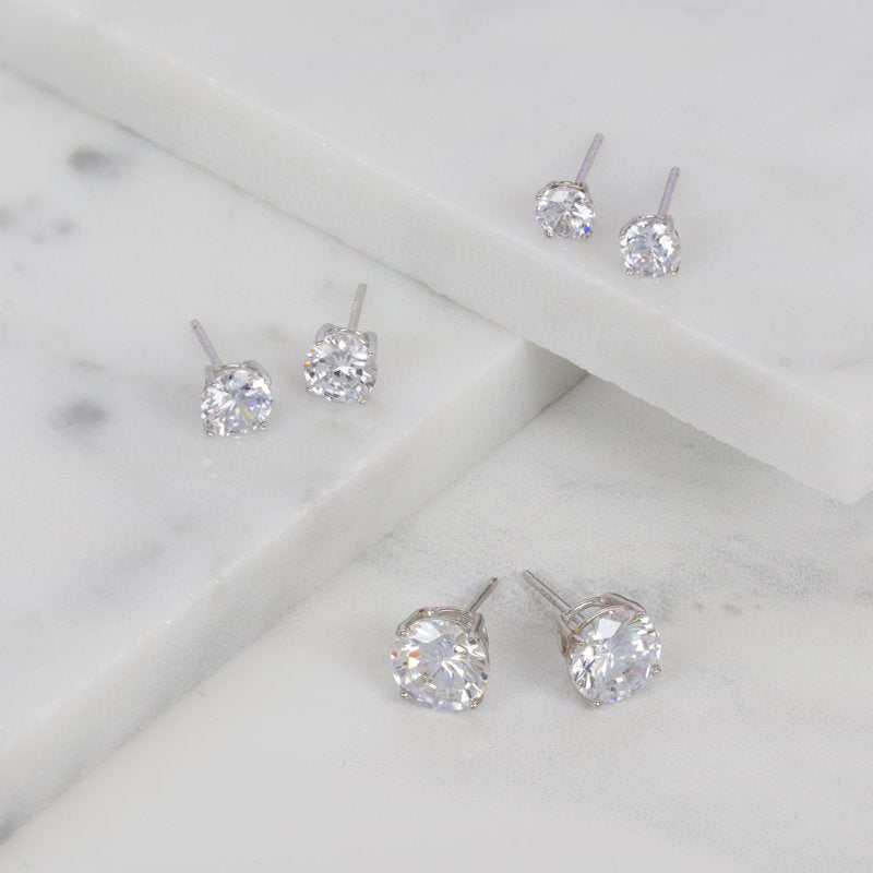 Sterling Silver Cubic Zirconia Stud Earrings Set for Women & Teens - 3 Pairs