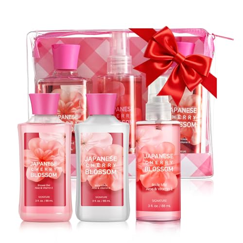 Bath Gift for Women and Girls, Japanese Cherry Blossom Spa Set With Natural Extracts, 3PCS Set - Shower Gel, Lotion, Mist, Personal Self Care Kit, Body Care Travel Set