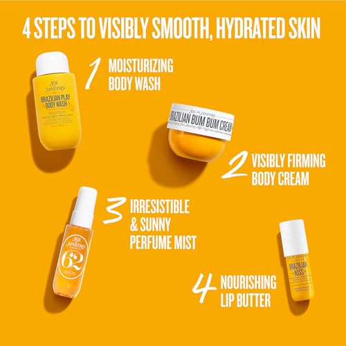 Sol de Janeiro Gift Set - Smooth & Glow Body Routine | Travel Size Bum Bum Minis including Bum Bum Cream, Brazilian Play Body Wash, Cheirosa 62 Mist, and Brazilian Kiss Lip Balm