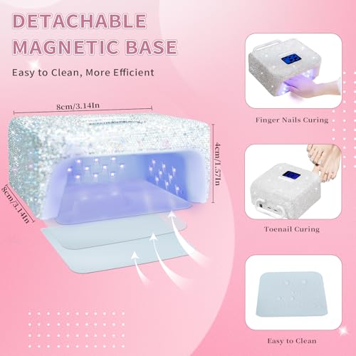 220W UV LED Nail Lamp, UV Light for Gel Nails, Wireless Rechargeable Professional Curing Lamp, with Portable Handle and Sparkly Rhinestones, LCD Display, Easy to Carry for Salon & Home