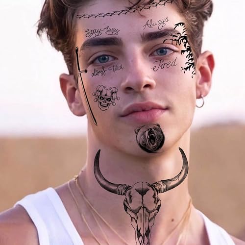 5 Sheets Large Malone Tattoos For Men Women Adults, Halloween Malone Face Tattoos Sticker Prisoner Prison Set, Barbed Wire Rapper Temporary Tattoo Sticker Inmate Party Accessories Makeup Kit