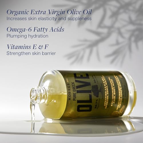KORRES Extra Virgin Olive Oil for Face, Hair and Body, Moisturizer for Dry Skin and Hair, Pure, Greek Cold Pressed Olive Oil, Body Oil and Face, Hair Oil, Hydrating and Nourishing, 3.38 fl oz