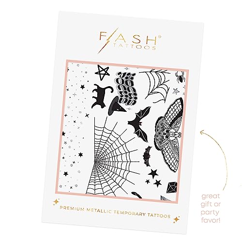 Flash Tattoos Halloween Witch Please temporary tattoos | 44 Spooky Tattoos | Metallic tattoo | Halloween Party Supplies | Halloween party, Spider, Spiderweb, snake, black cat, stars