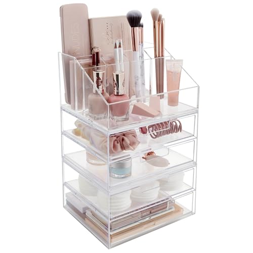 STORi Chloe Stackable Clear Makeup Holder and 4 Drawer Bundle | Organize Cosmetics and Beauty Supplies | Made in USA