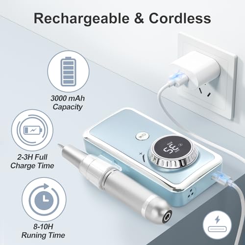 Rechargeable Nail Drill Macine, 35000RPM Professional Electric Efile Nail Drill with LCD Display for Acrylic Nails Remove, Portable Manicure Pedicure Polishing Tools with everything for Salon Home Use