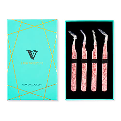VAVALASH Eyelash Extensions Tweezers Set Of 4 Stainless Steel Professional Lash Tweezers for Volume Classic Lash Extensions Precision Isolation Volume Boot Curved Volume Lash Tweezers(SV05,1 Set 4Pcs)
