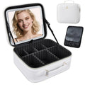 Travel Makeup Bag with LED Mirror 3 Color Modes,10.2-in White Vegan Leather Makeup Organizer Bag with Adjustable EVA Dividers and Independent Brush Panel