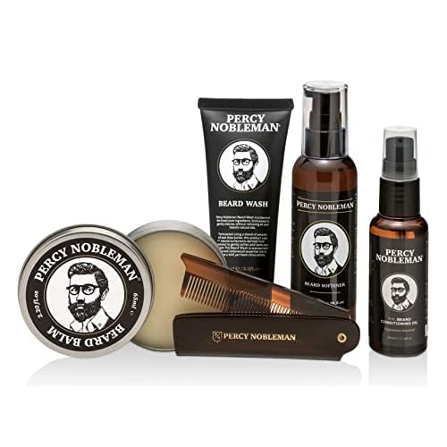 Percy Nobleman Complete Beard Care Kit ? Beard Grooming Gift Set with Beard Softener, Scented Beard Oil, Beard Balm, Beard Wash and Folding Acetate Comb for Softening, Hydration & Styling
