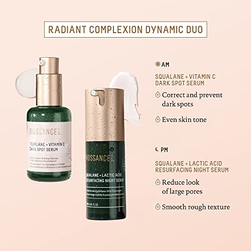 Biossance Squalane + Lactic Acid Resurfacing Night Serum - Vegan 10% Lactic Acid Face Serum for Skin Texture and Fine Lines - Gentle Night Exfoliant, Hydrating - Pore Reducer for Face, 1.0 Ounce