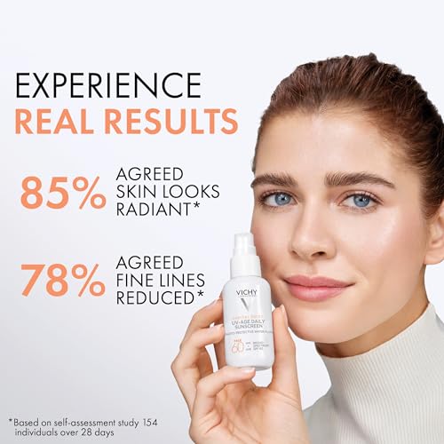 Vichy Capital Soleil UV-Age Daily SPF 60, Anti Aging Sunscreen for Face SPF 60, Hyaluronic Acid + Peptides + Vitamin C, Broad Spectrum Invisible SPF Protection, No White Cast Sunscreen