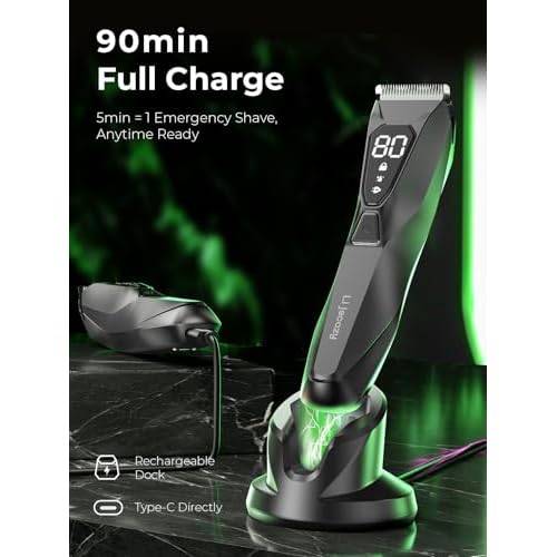 Body Hair & Pubic Hair Trimmer for Men - Electric Ball Shaver with LED Light & Display, Waterproof Wet/Dry Groomer Kit with Wireless Charging & 3 Combs, Ceramic Blade Technology