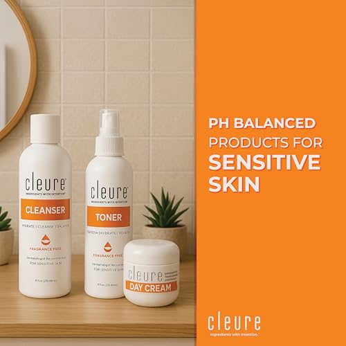 Cleure Sensitive Skincare Set ? Gentle Face Wash, Alcohol-Free Toner & Shea Butter Day Cream ? Facial Kit for Teens & Adults ? Fragrance-Free, Dermatologist Recommended, pH Balanced