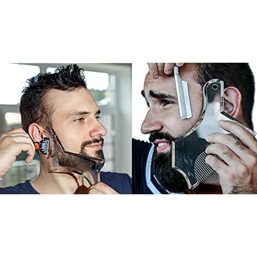 4PCS Men's Beard Shaping Tool Template, Beard Guide Shaper with Inbuilt Comb, Multi-liner Edges Shave for Curve/Straight/Neckline/Goatee/Sideburns (Clear-4pcs)