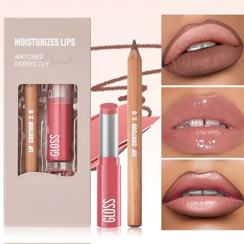 2PCS Lip Liner and Lipstick Combo Set, 2 in 2 Waterproof Lip Liner Long Lasting Lipstick Set, Matte Lipliner Pencil & Hydrating Lip Gloss Makeup Kits for Women (201)