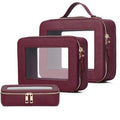 Pinkmik Clear Makeup Bag with Brush Bag 3pcs Waterproof Travel Case for Cosmetics and Toiletries Women's Makeup Organizer with Zipper (X/Burgundy, L+M+SLIM)