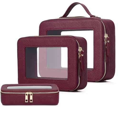 Pinkmik Clear Makeup Bag with Brush Bag 3pcs Waterproof Travel Case for Cosmetics and Toiletries Women's Makeup Organizer with Zipper (X/Burgundy, L+M+SLIM)