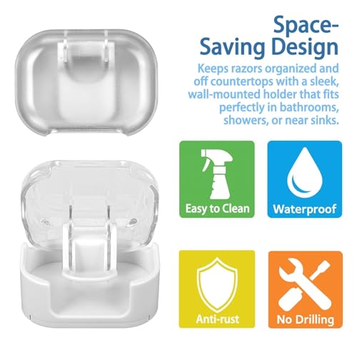 2 Pack Wall Mounted Razor Holder with Cover, Self Adhesive Razor Stand Shaver Organizer for Bathroom, Auto Closing Dust Cover Plastic Razor Organizer for Bathroom