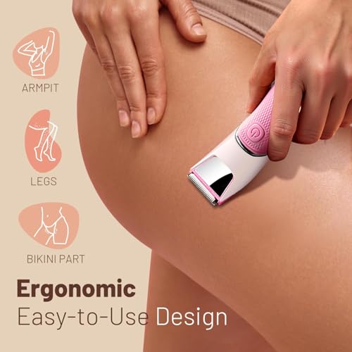 Rechargeable Bikini Trimmer for Women: Pubic Hair Razor with Mirror & LED Light - IPX7 Waterproof Electric Shaver, Travel Lock & Ceramic Blades for Legs Underarm - Light Rose