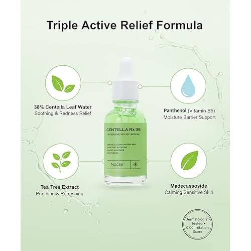 Centella Asiatica Serum Korean - Redness Corrector for Face - 38% Cica Leaf Water and Madecassoside - Ph Balanced - Barrier Support - Lightweight Calming - Rosacea Skincare Serum - Centella Ampoule