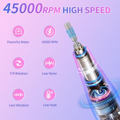 Electric Nail Drill Professional - 45000 RPM Cordless Nail Drill with Rechargeable Stand, Electric Nail File with Nail Lamp, Portable Nail Drills for Acrylic Gel Polishing Removing, Home & Salon Use