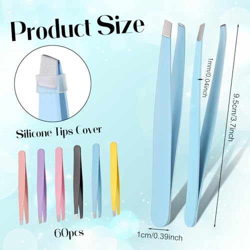 60Pcs Slanted Eyebrow Tweezers for Women Men, Stainless Steel Tweezers Bulk Professional High Precise Tweezer for Ingrown Hair Removal Plucking Blackheadl(Multicolor)