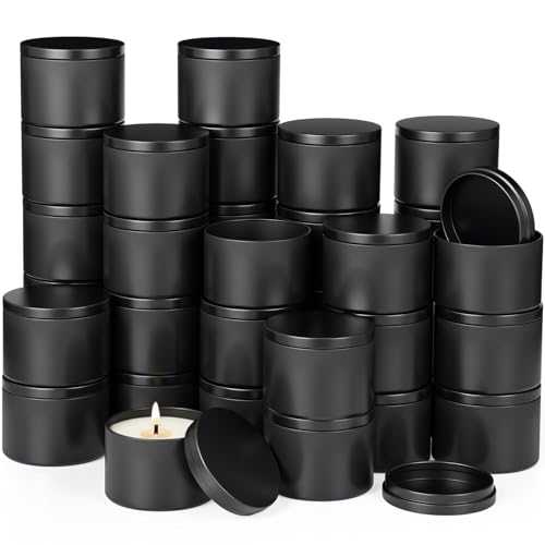 Therwen 48 Pack 8oz Candle Tins with Lids Black Aluminum Containers for Candle Making Supplies Empty Bulk Aluminum Tin Refillable Cosmetic DIY Gift Storage(Elegant)