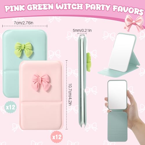 Amyhill 24 Pcs Party Favor Compact Fold Mini Mirror Preppy Bow Gift for Women Birthday Bridal Shower Bachelorette Graduation Party Supplies (Folding,Pink and Green)
