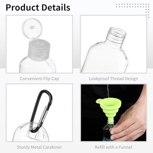 60 PCS Keychain Empty Hand Sanitizer Bottles - 1.7 oz Portable Keychain Travel Bottles, Empty Squeeze Plastic Bottle with Flip Cap, Refillable Containers with 2 Foldable Funnels for Shower Gel Lotion