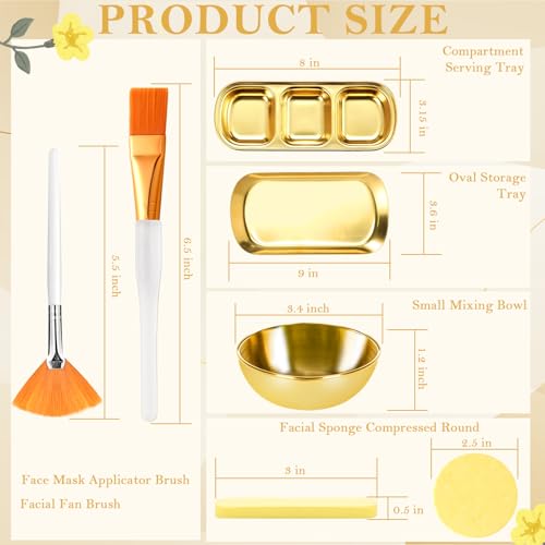 29 Pcs Esthetician Supplies 6 Blackhead Remover Tools 3 Stainless Steel Gold Mixing Bowls 3 Compartment Serving Tray Gold Small Serving Tray 3 Facial Fan Brushes 3 Face Mask Brush 12 Facial Sponges