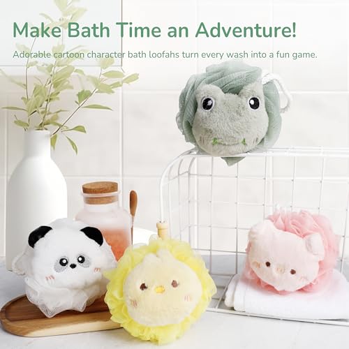 4 Pcs Kids Shower Loofah Set - Cute Animal Body Scrubber Sponges, Gentle Exfoliating Pouf for Boys and Girls Bath Time, Soft Bath Sponges for Children (Assorted Animals)