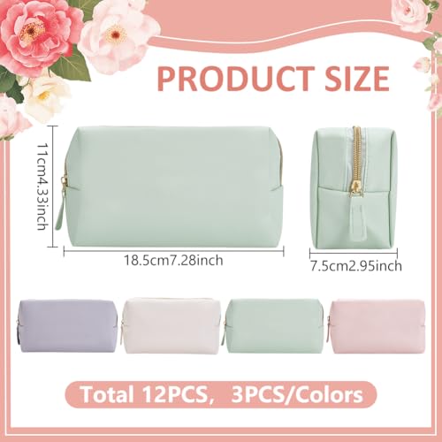 12Pcs 4 Color PU Leather Cosmetic Pouch, Makeup Bag Bulk Zipper Cosmetic Storage Bags Waterproof Small Portable Toiletry Pouch for Travel, Wedding Party Favors, Bridesmaid Gift