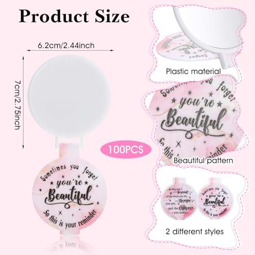 100pcs Light Pink Compact Mirror Bulk Gifts for Women, Mini Inspirational Purse Handheld Makeup Pocket Mirror, Round Portable Makeup Folding Mirrors Gift for Christmas Valentine Daily Travel Coworker