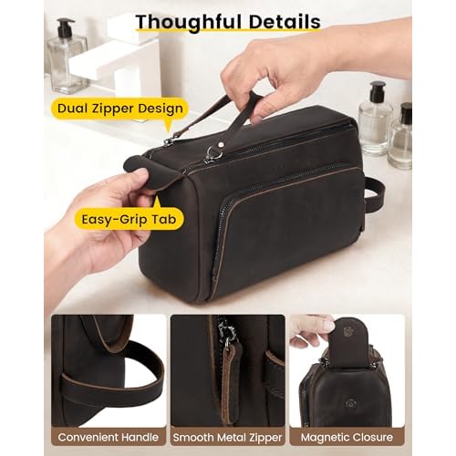 Vorspack Genuine Leather Toiletry Bag for Men - Water Resistant Travel Bag for Toiletries, Essentials, Accessories - Dark Brown