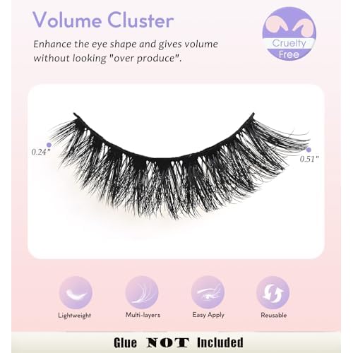 False Eyelashes Natural Cat Eye Lashes Wispy Fake Eyelash Strip Lash Mink Lashes Pack Fluffy Eye Lashes Natural Look Short Cateye Lash Strips (Volume Cluster)