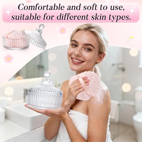 4 Pcs 6 In Extra Large Body Powder Puff and Container,Glass Candy Dish with Lid, Suitable for Both Dry and Wet Use, Reusable