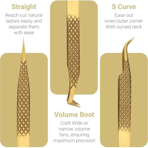 Lash Tweezers for Eyelash Extensions with Diamond Grip, Japanese Stainless Steel, Set of 3 - Great Precision for Classic, Volume & Mega Volume, Premium 45 Degree Curved Set for Women (Gold)