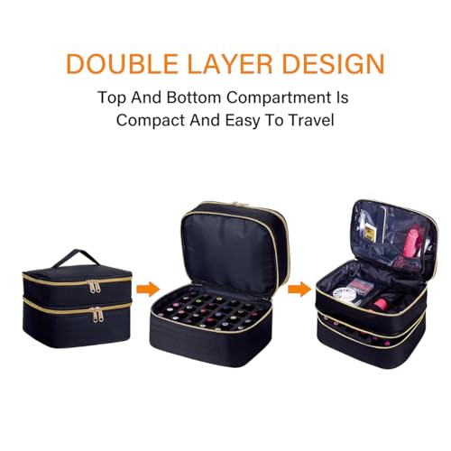 Nail Polish Organizer Bag Double Layer Capacity Portable Travel Storage Case Holds 30 Bottles (15 ml/0.51 floz) Nail Supplies Holder Bag Designed for Nail Tools Black
