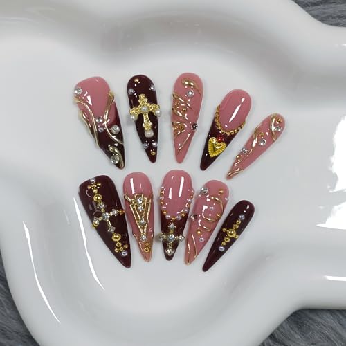 Handmade Press on Nails Long Stiletto - Wine Red French with 3D Cross & Wave Charms | Reusable & Enamel Glossy False Nails | Gothic Classical Style(L)