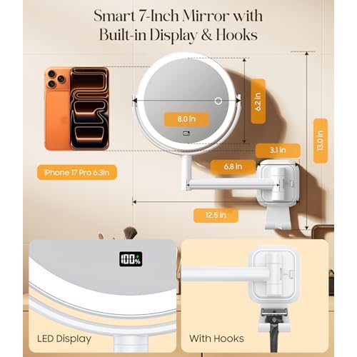 Gospire Wall Mounted Lighted Makeup Mirror with Magnification 10X, 7 Inch Double Sided Magnifying Vanity Mirror Wall Mirrors with Hooks & LED Display for Bathroom, No Drilling Needed
