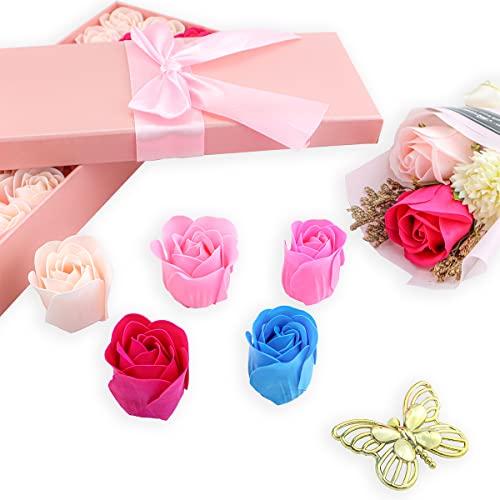 33 PCS Floral Scented Bath Soap Rose Flower Petals, JIALEEY Plant Essential Oil Rose Soap Set Gifts Ideas for Her Women Girls Mom Valentine's Day, Pink Gift Box