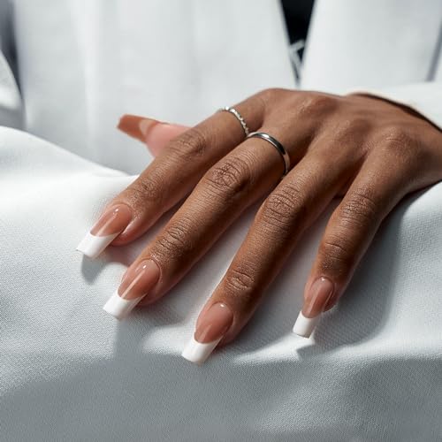 btartboxnails X-coat Tips - Solid Nail Gel Glue, Long Square French Tip Press on Nails with Solid Nail Gel Glue