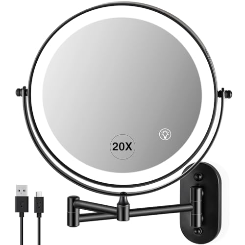Wall Mounted Makeup Mirror: 1x/20X Magnifying Mirror with Light, 8.5" Double Sided Lighted Makeup Mirror with Magnification, Vanity Mirror for Bathroom, Brush Black