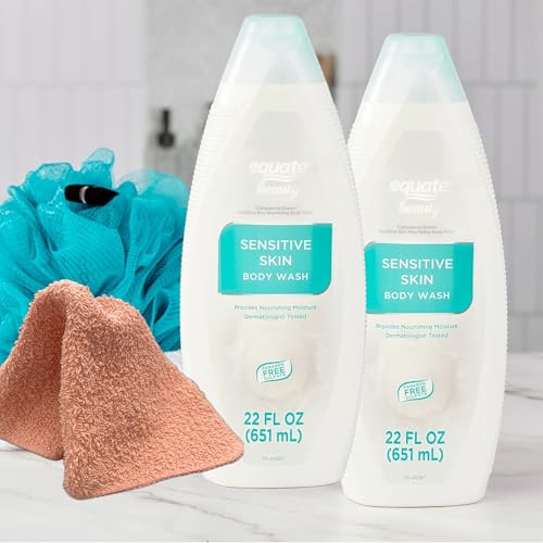 Sensitive Skin Body Wash Equate, 2X 22 fl. Oz. (2 Pack) with LeSue Washcloth (Assorted Colors)