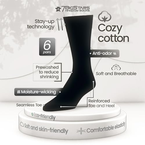 7BigStars Men Dress Socks 6 Pairs Crew Size 10-13 13-15 Soft Stay Up Fit Business Office Cotton Comfort