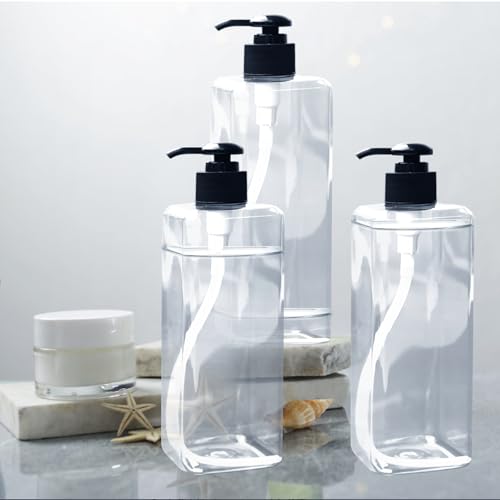 35 Pcs 16 oz Empty Plastic Pump Bottles Black Pumps with 3 Labels Refillable Lotion Shampoo Containers Clear Square Lotion Dispenser for Liquid Soap, Massage Oil, and Face Cream